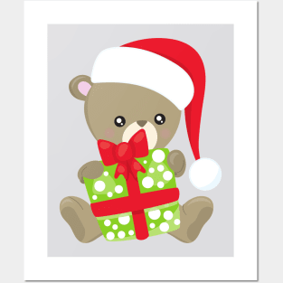 Christmas Bear, Cute Bear, Santa Hat, Gifts, Xmas Posters and Art